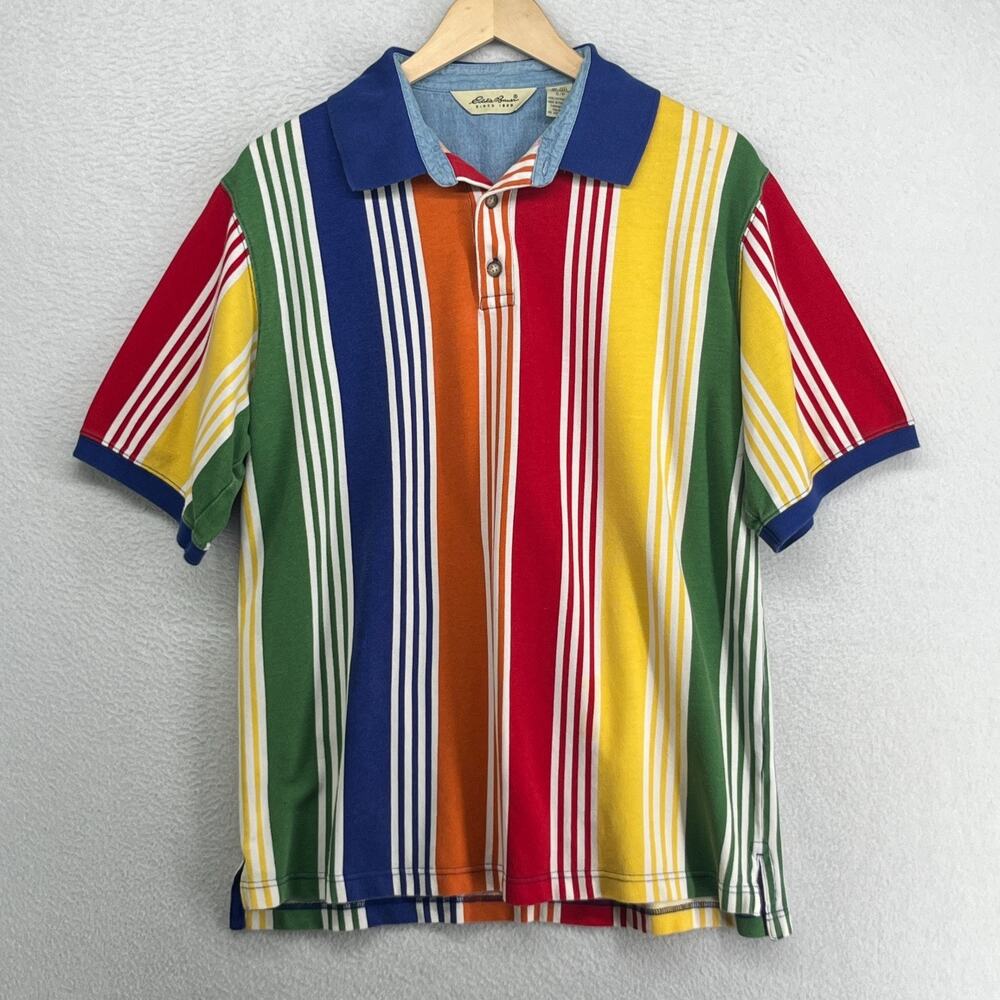 EDDIE BAUER Shirt Mens S Rainbow Striped Polo Rugby 90s Pique Cotton Green VTG